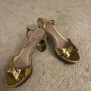 Anthropologie Gold Metallic Block Heel Sandals with Ankle Strap